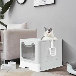 Cat Litter Box Pet Toilet Tray With Scoop Enclosed Drawer Skylight Door Smelless - Picture 1 of 12
