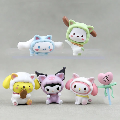 6pcs Cute Kuromi My Melody Cinnamoroll Pochacco Cosplay Figures 3D PVC Doll Toy Cover