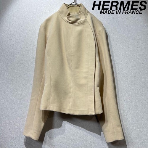 HERMÈS HERMES PARIS giacca collo alto angora lana pelle nera taglia 38