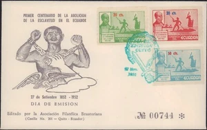 ECUADOR 1952 ABOLIZIONE DELLA SCHIAVITÙ FDC COPERTINA CENTENARIO - Foto 1 di 1