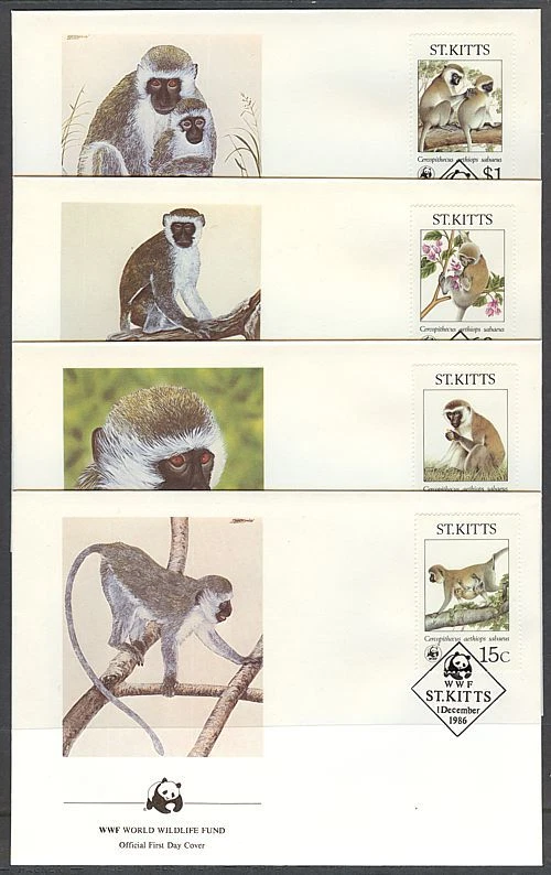 ST KITTS 1986 WWF GREEN MONKEYS SET ON FDC’s (x4) (ID:684/D17883) - Image 1 of 1