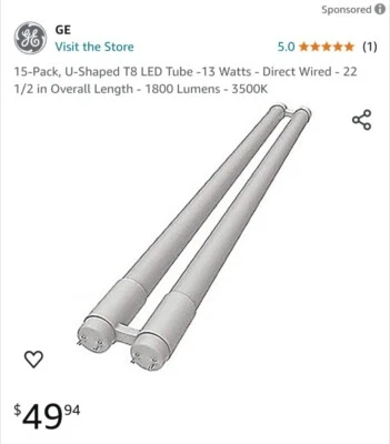 GE 34489 LED 13W, 3’ Ballast Bypass Type B, Double-Ended U1-Tube Light (15-Pack) - Image 1 of 4