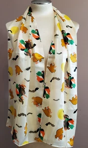Sciarpa Halloween Vintage Crema Raso Strega Fantasma Pipistrelli Luna Multicolore 13,5x60" - Foto 1 di 4
