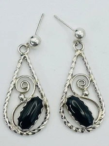 Handwerkliche Jaxon signierte Sterlingsilber Onyx Träne gerollte Ohrhänger - 5,8 g - Bild 1 von 12