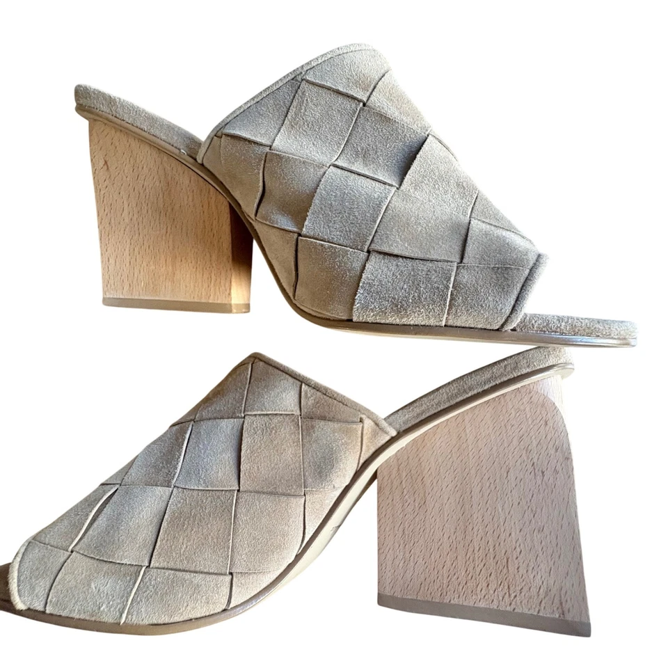 $255 новый без коробки Anthropologie BETTYE MULLER сплетенный бежевый замши мулы деревянные каблуки размер 10 М - Изображение 1 из 4