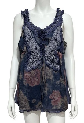 Pretty Angel Top Mujer Grande Azul Floral Encaje Volantes Boho Transparente Mezcla Seda Hada Foto 1 de 4