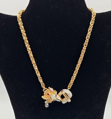Collar Cabeza de Zorro Tono Dorado Logo Cisne Cristal Swarovski Eslabón Bizantino Palanca Foto 1 de 4