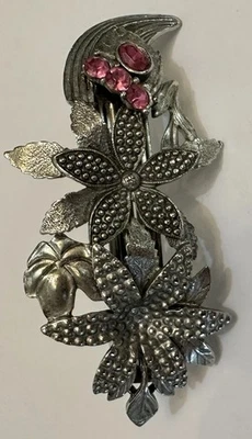 VTG France Barrette Hair Clip Flower Silver Tone Pink Statement Hair Accessory - Image 1 of 4