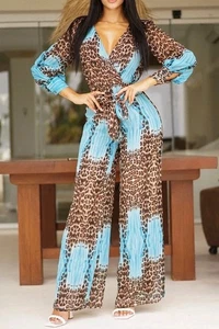 Kacey By FashionNova Jumpsuit V Neck Long Sleeve Aqua Animal Printed Belted - Picture 1 of 7