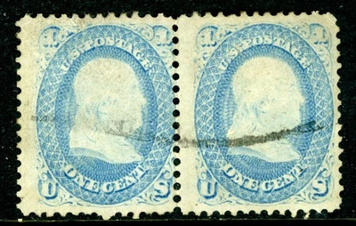 USA 1856 Jefferson  5¢ Pale Blue Scott Pair #63 VFU O680 - Image 1 of 4