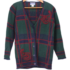 1990s Vintage Sweater Pendleton Wool Tunic Cardigan Embroidery Paisley Plaid M - Picture 1 of 8