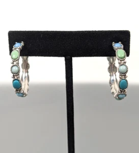 CHAPS Blue Green Faux Turquoise Cabochon Hoop Earrings Pierced - Picture 1 of 9