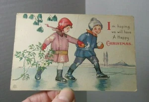 Christmas antique vintage Postcard w/ Children Ice Skating - Picture 1 of 2