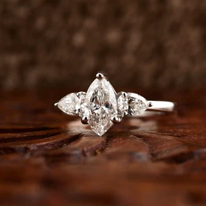 1.16 Ct H Color SI Clarity Marquise Pear Diamond Three Stone Ring 18k White Gold - Picture 1 of 8