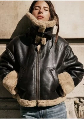 New Zara Size XS Double Faced Bikers Black Faux Leather Fur Jacket £89.99 - Image 1 of 4