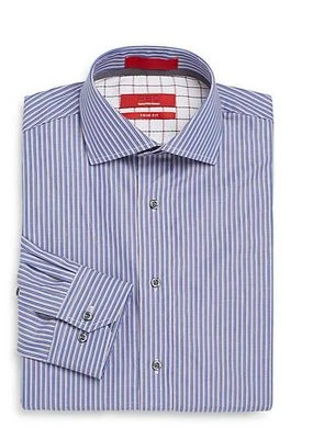 Saks Fifth Avenue Red Men's Dress Shirt Trim Fit Track Stripe Blue 14.5 UP NEW   - Image 1 of 2