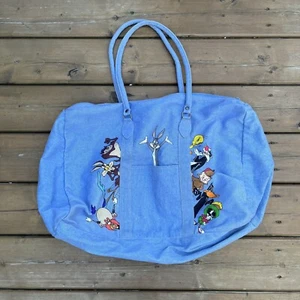 Vtg Looney Tunes Denim Duffel Travel Bag Bugs Tweety Taz Daffy Carry All 1993 WB - Picture 1 of 15