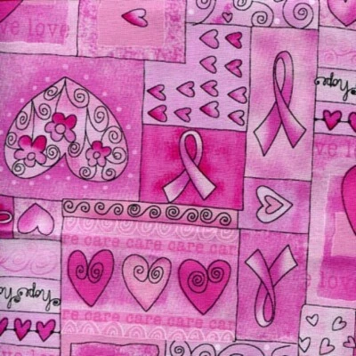 BTY Breast Cancer Awareness Pink Ribbon Love Hope Cotton Fabric By The Yard 1766 - Image 1 of 2
