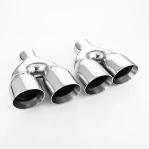 Pair Exhaust Tips 2.25" In Quad 3.5" Out Angle Cut Double Wall Staggered Weld On - Picture 1 of 7