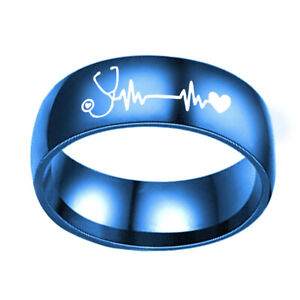 8mm Medical ECG Symbol Rings Stainless Steel Band Gift to Doctor Nurse Size 6-13