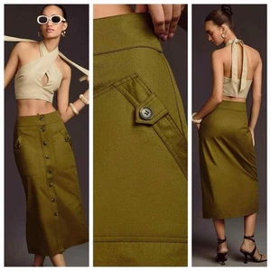 Falda midi Anthropologie Maeve cargo con botones verde musgo talla 4 - Imagen 1 de 9