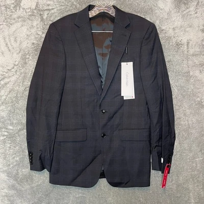 Blazer Calvin Klein Hombres Negro Azul Cuadros Mezcla de Lana Malbin 2 Botones Calce Ajustado 38L Foto 1 de 4