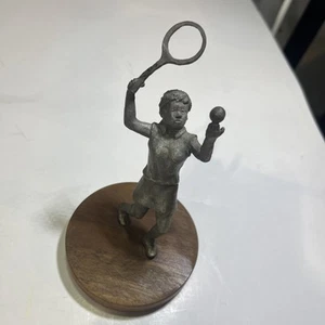 Vintage AA Tennis player Statue Metal Of Some Kind Wood Base Antique - Picture 1 of 15