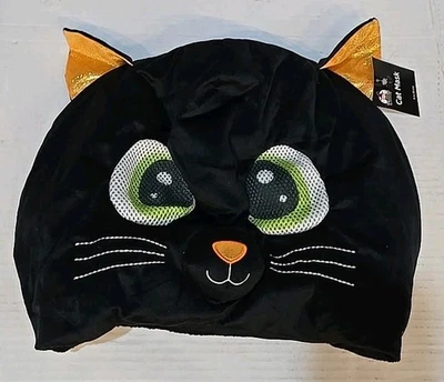 Black Cat Mask Hat Green Eyes Plush Halloween Unisex Kitty Kitten Fluffy Stuffed - Image 1 of 3