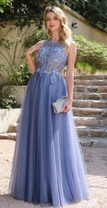Damen Kleid Ärmellose Abschlusball Hochzeitkleid Prinzessin Dusty, Blau, EU32 - Picture 1 of 5