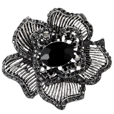 Broche prendedor flor estrás negro brillante vintage plata naturaleza joyería regalo Foto 1 de 4