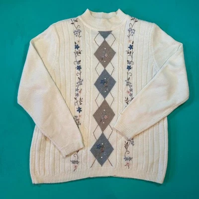 Vintage 90s cottagecore knit sweater womens floral embroidered 90s sweater - Image 1 of 4