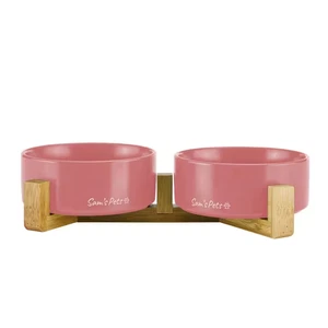 5.11 In. Coco Dual Pet Bowl with Wood Stand in Pink - Picture 1 of 8