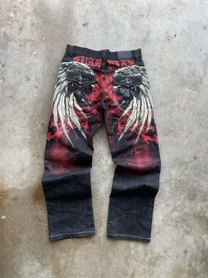 Vaqueros vintage y2k crazy azul crudo con alas y detalles rojos talla 34x34 Goth Grunge Foto 1 de 4