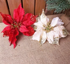 Large Red Ivory Glitter Silk Clip On Poinsettia Flower Christmas Tree Decoration - Picture 1 of 12