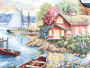 Dimensions Counted Cross Stitch Kit 'Peaceful Lake House' 14x11" by Nicky Boehme - Picture 1 of 8