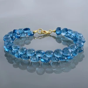 Natural Blue Topaz 6mm Beaded Chain 7.8" Strand Handmade Bracelet Gift For women - Picture 1 of 5