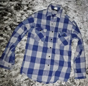 OshKosh B’gosh Buffalo Plaid Flannel GRAY/NAVY BLUE VINTAGE 2 POCKET 100 % COTTO - Picture 1 of 5