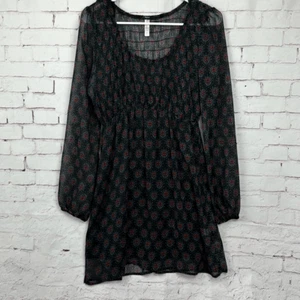 Xhilaration Dress Womens Small Floral Long Sleeve Sheer Lined Mini Smocked Black - Picture 1 of 11