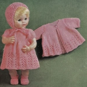 Dolls knitting pattern dress jacket bonnet copy size 14 and 16 inch 4 ply - Picture 1 of 1