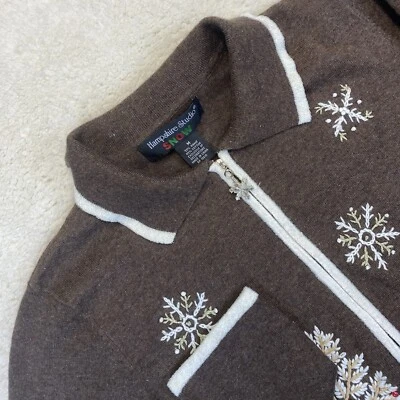 Snowmen Sweater Womens Cardigan Embroidered Mom Medium Brown Christmas Full Zip - Image 1 of 4