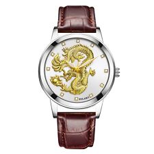 Gents Gold 3D Dragon Silver Face Date Black Genuine Leather Strap Watch