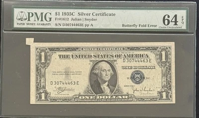 1935C $1 Silver Certificate Fr 1612 Butterfly Fold Error - PMG 64 EPQ - Image 1 of 2