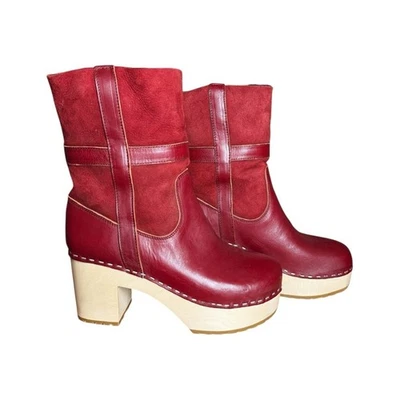 Swedish Hasbeens Red Hippie Shearling Platform Heeled Clog Boots - 38 - Image 1 of 4
