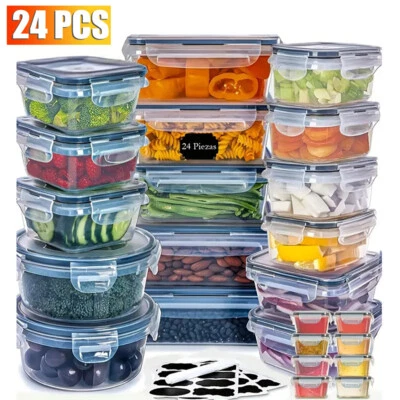 Juego de 24 recipientes de plástico para almacenamiento de alimentos herméticos y a prueba de fugas con tapas cocina Foto 1 de 4