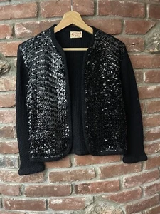 Vintage 50s 60s Orlon Acrylic Black Sequin Open Face Cardigan - Picture 1 of 6