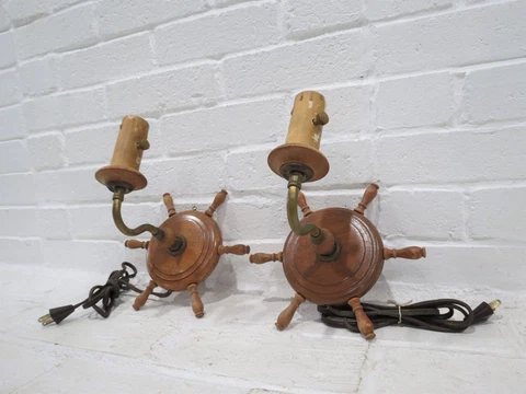 Vintage Ship's Wheel Sconces Pair FOR REPAIR Wall Light Fixtures Corded Wooden Cover