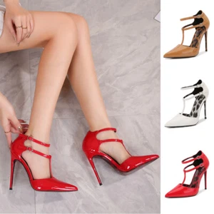 Sexy Para hombres Tacones Correa al tobillo Patente Cuero Puntiagudo Drag Queen Mujeres Zapatos 35-46 - Imagen 1 de 57