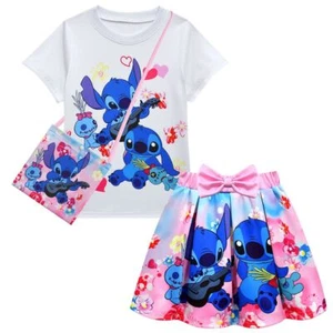 lilo & Stitch Girls T-Shirt Dress Set Fun Pleated Skirts Print Princess Outfit - Picture 1 of 11