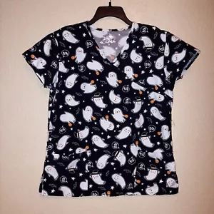 Scrubs -Halloween Ghosts 2 Pocket scrub top - Small Black - Picture 1 of 8