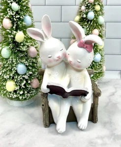 Easter Bunny Reading Book on Bench Statue Figurine New - Picture 1 of 10